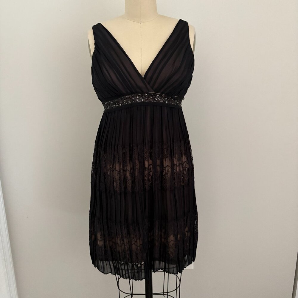 BCBGMaxAzria Black Nude Mesh Lace Sequin Silk Cocktail Party Dress Vampy Glam 4